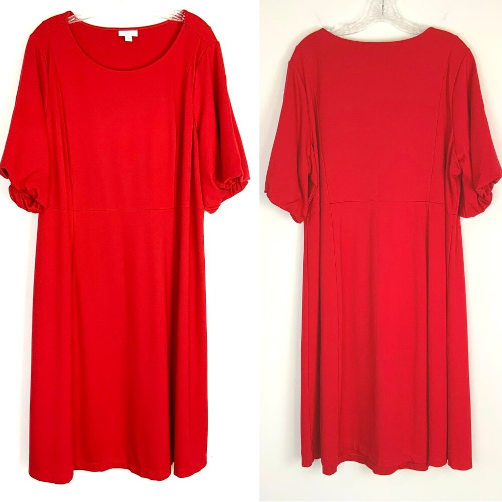 New J Jill Simple Elegance Puff Sleeves Dress In Red Cherry Size 2XL - Picture 3 of 16